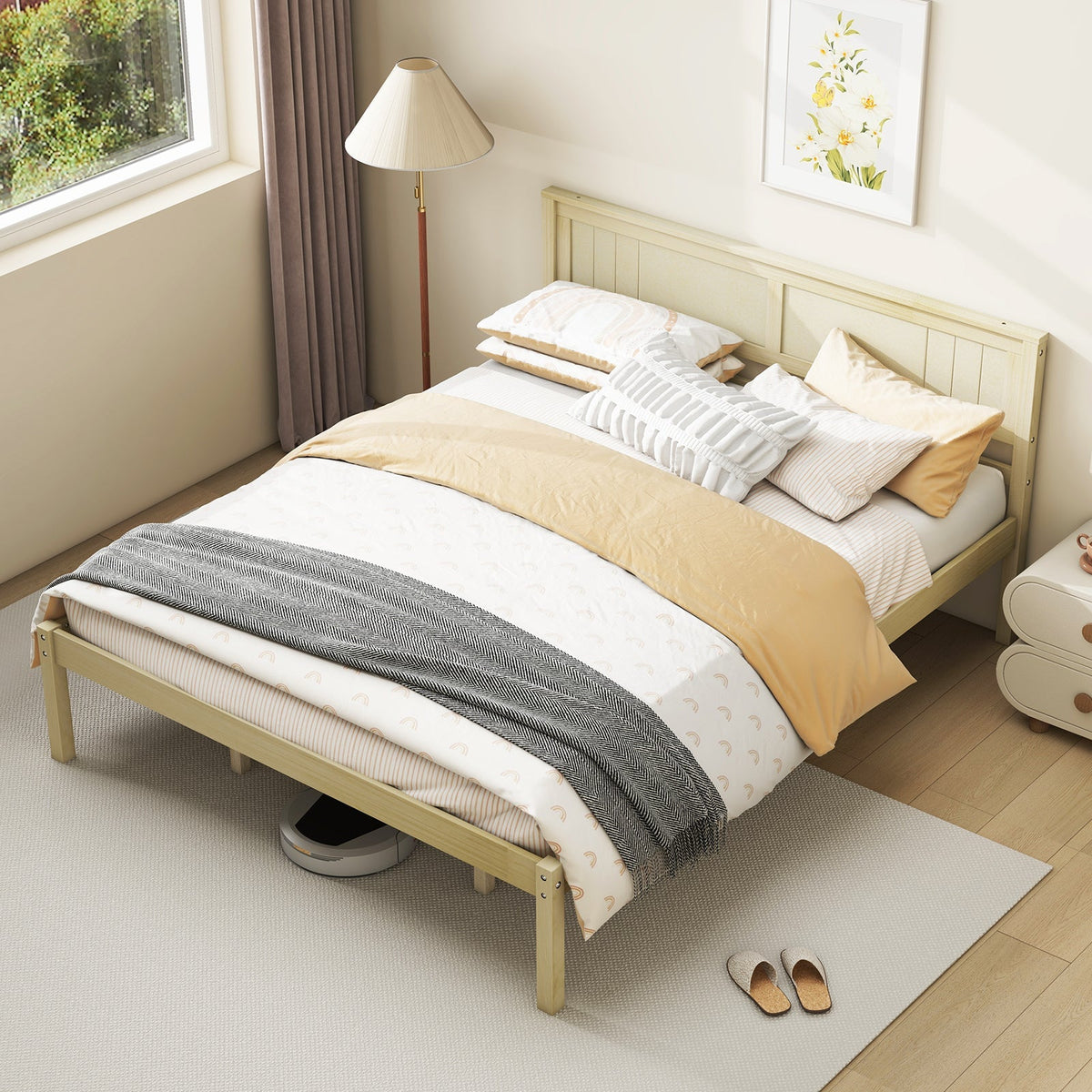 Twin/Full/Queen Size Wooden Bed Frame with Headboard and Slat Support
