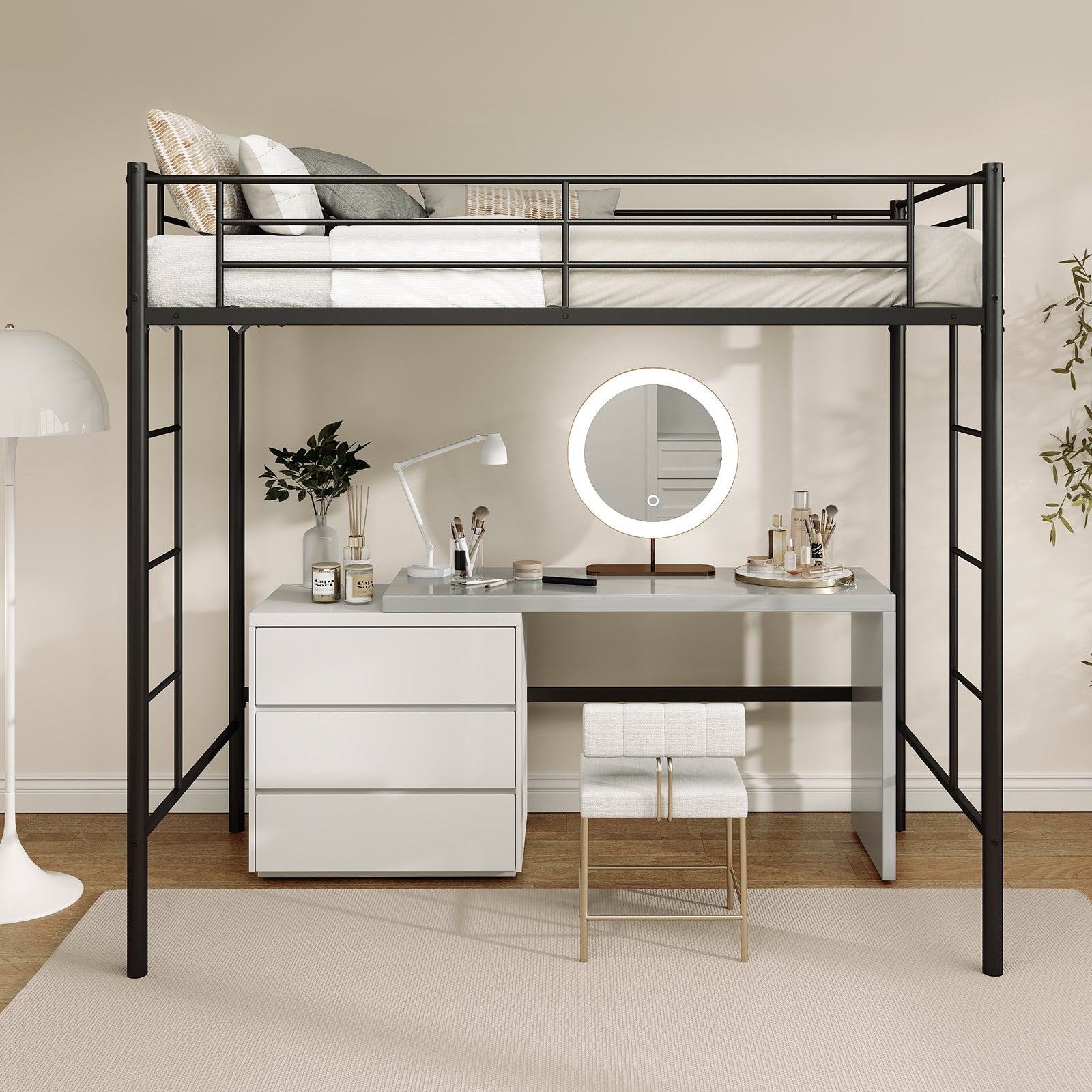 Twin Loft Bed Frame with 2 Ladders Full-length Guardrail