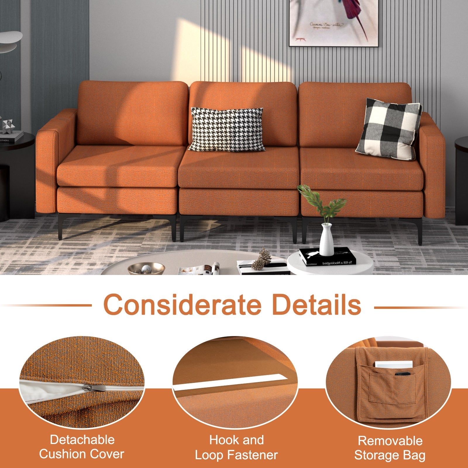 Convertible Leather Sofa Couch with Magazine Pockets 3-Seat with 2 USB Port