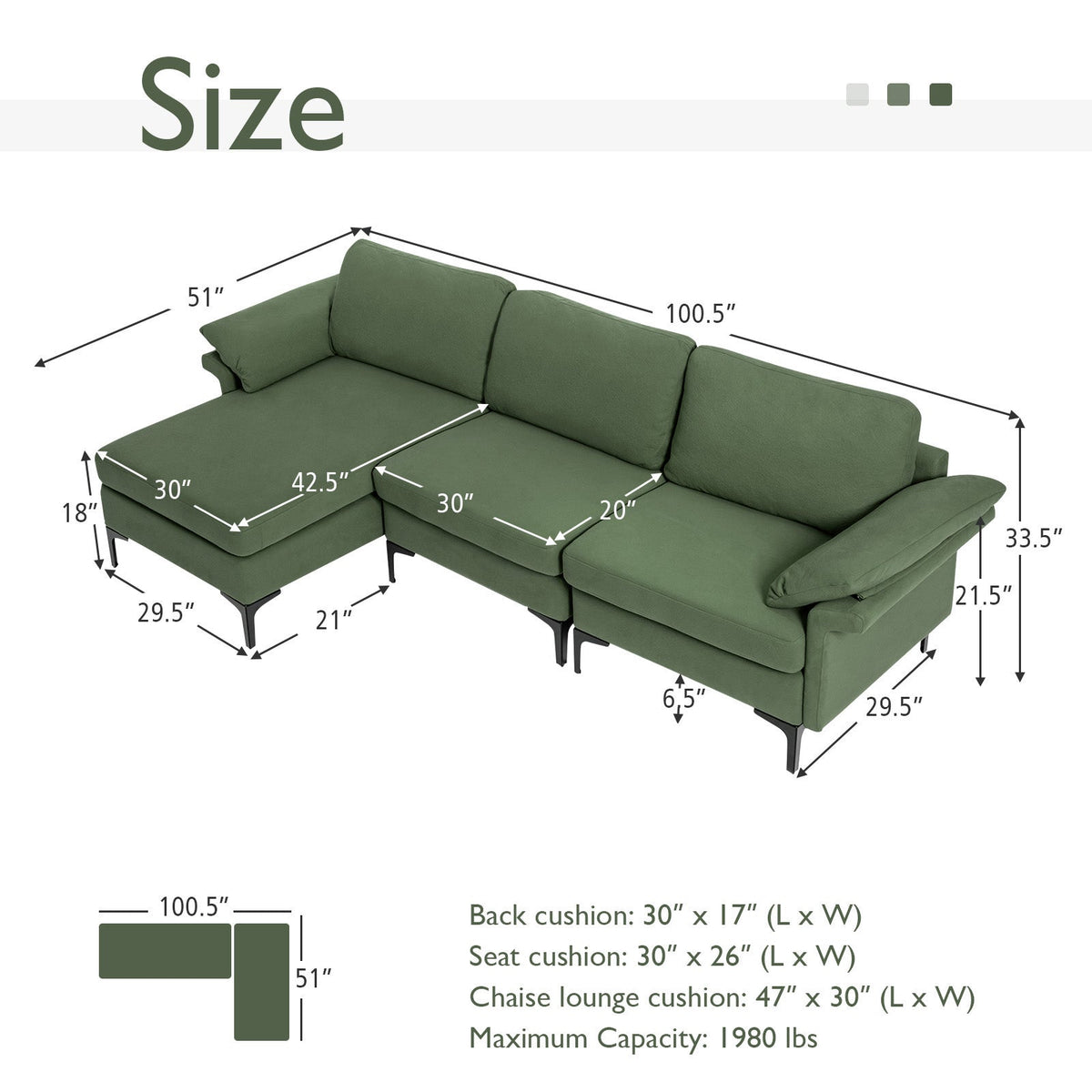 Extra Large Modular L-shaped Sectional Sofa with Reversible Chaise for 4-5 People