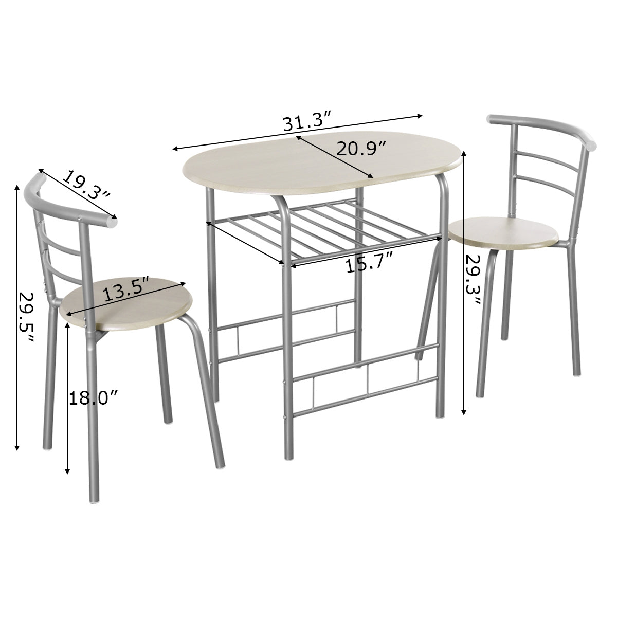 3 pcs Home Kitchen Bistro Pub Dining Table 2 Chairs Set