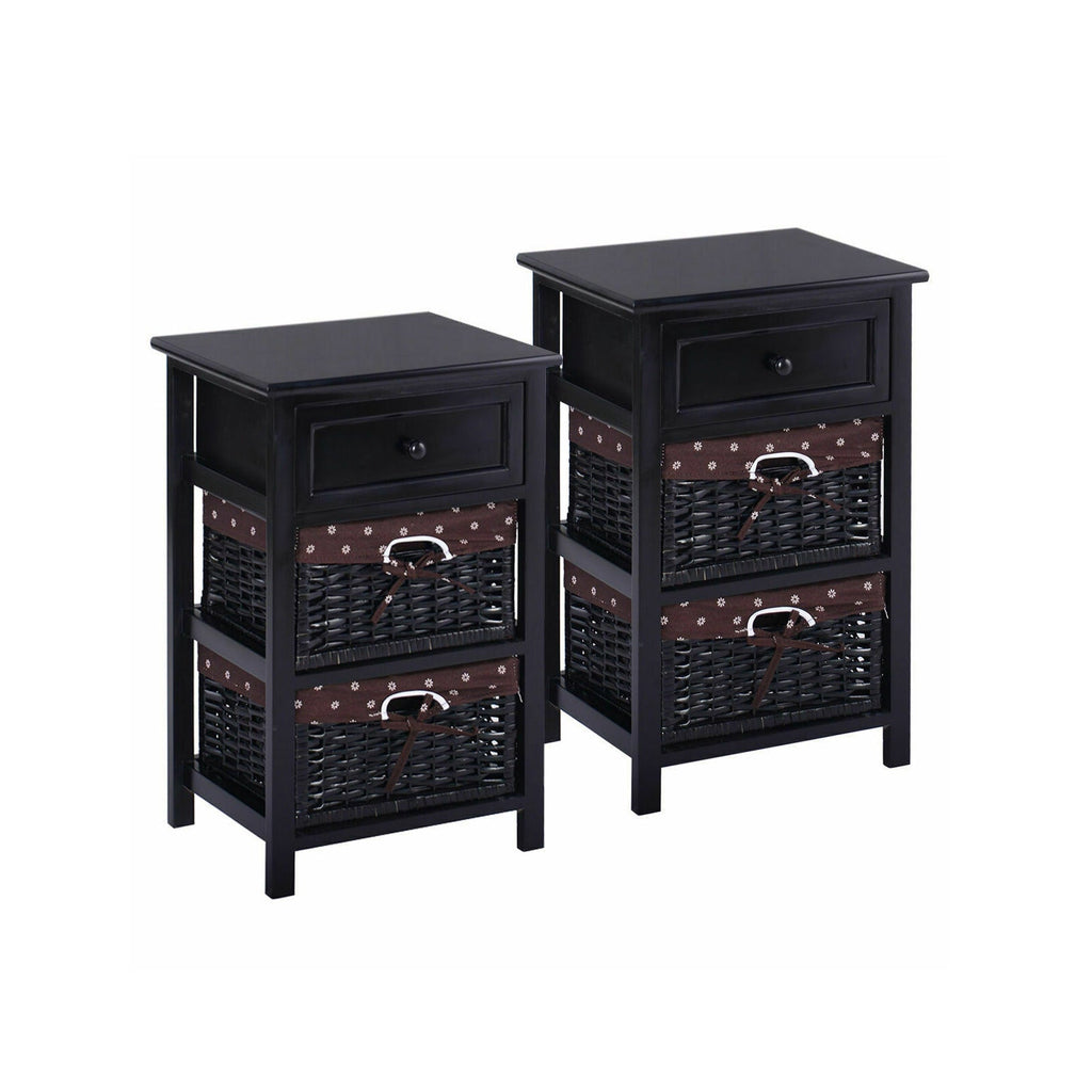 3 Tier Set of 2 Wood Nightstand with 1 and 2 Drawer