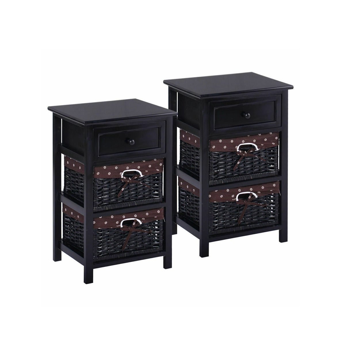 3 Tier Set of 2 Wood Nightstand with 1 and 2 Drawer