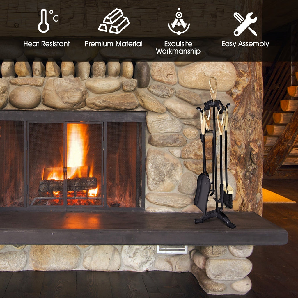5 Pieces Rustic Heavy Duty Compact Wrought Iron Fireplace Tools Set