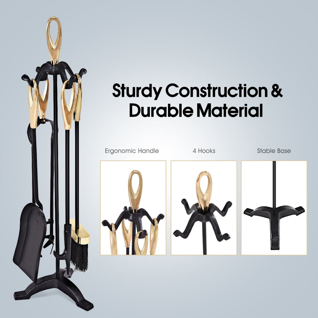 5 Pieces Rustic Heavy Duty Compact Wrought Iron Fireplace Tools Set