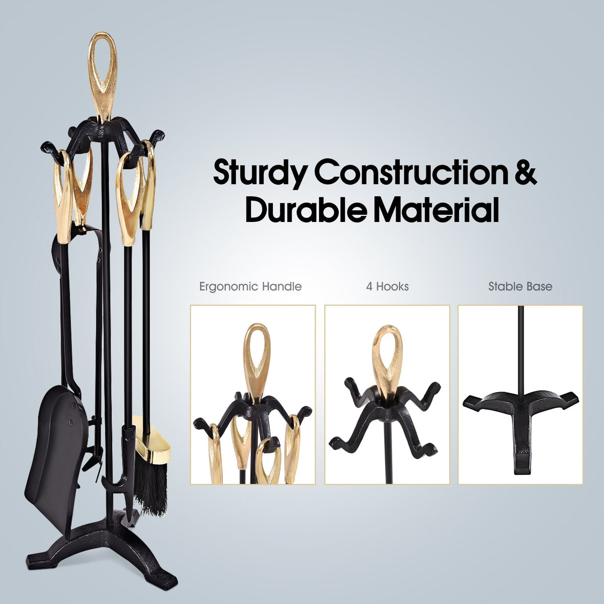 5 Pieces Rustic Heavy Duty Compact Wrought Iron Fireplace Tools Set