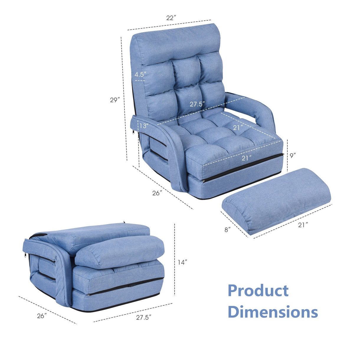Folding Lazy Floor Chair Sofa with Armrests and Pillow