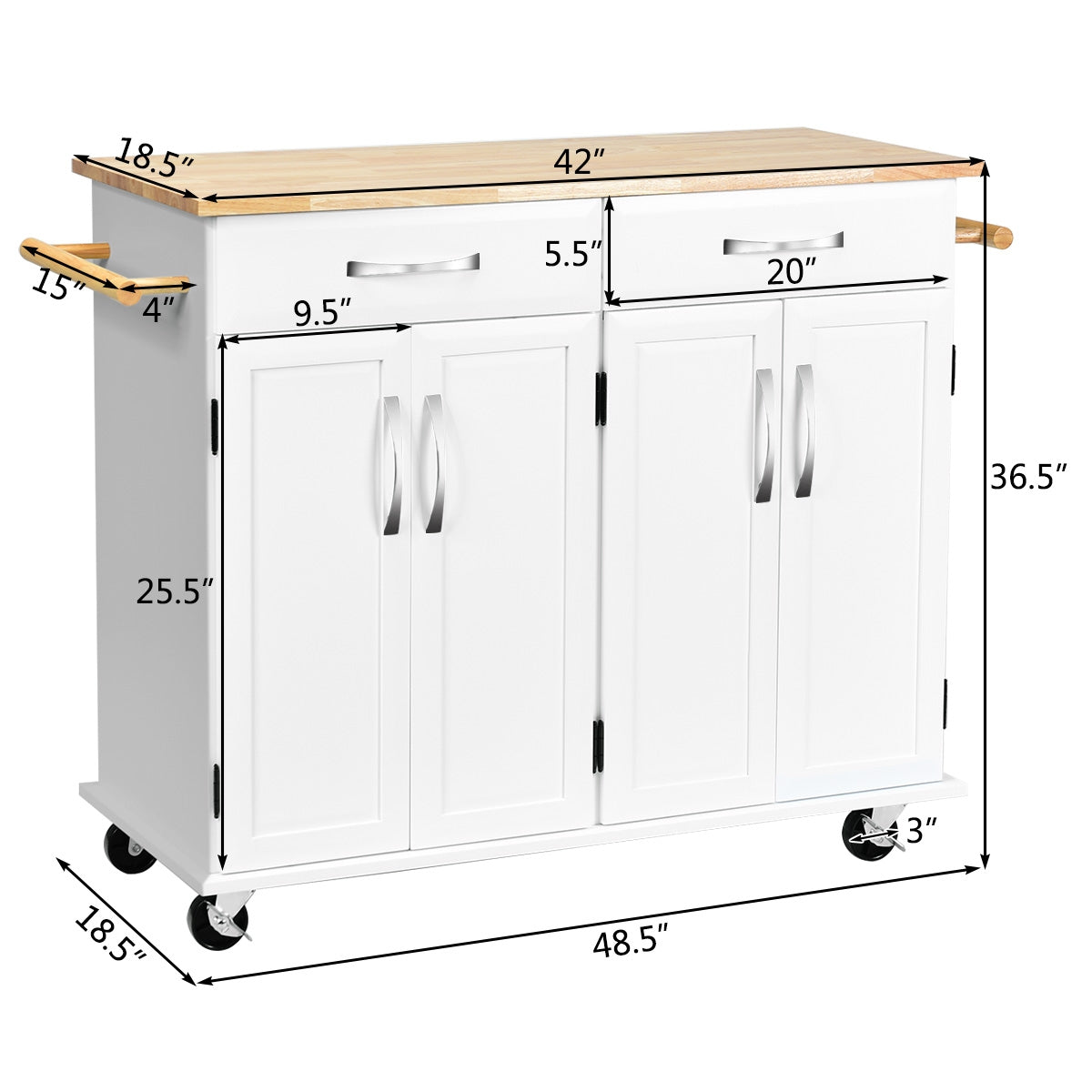 Wood Top Rolling Kitchen Trolley Island Cart Storage Cabinet