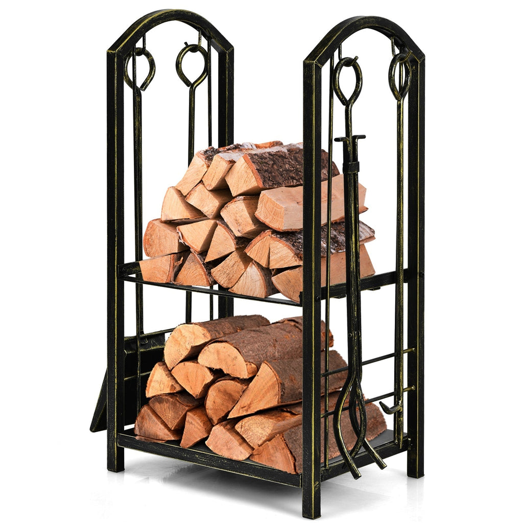Fireplace Log Rack with 4 Tools Set Fireside Firewood Holder