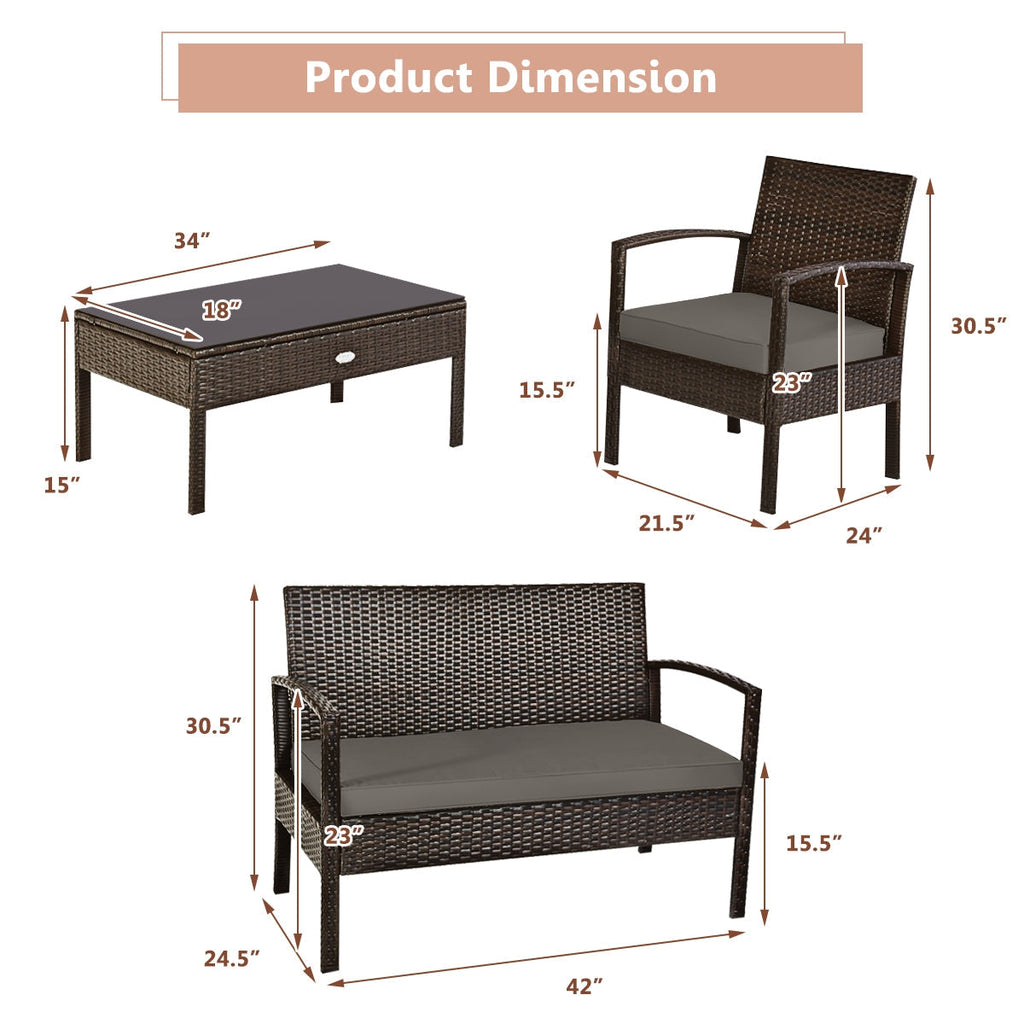 4 Pieces Patio Rattan Cushioned Furniture Set