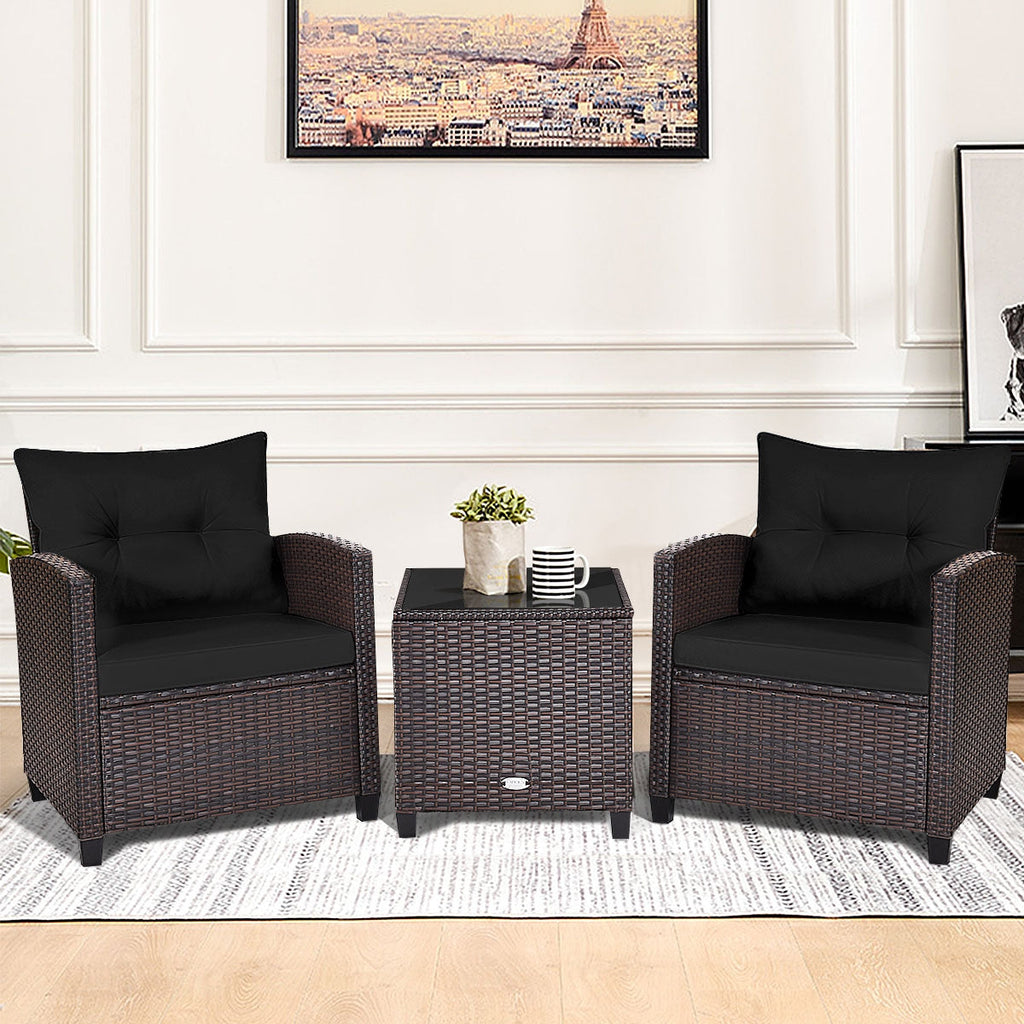 3 Pcs Patio Rattan Furniture Set Cushioned Conversation Set Coffee Table-Beige