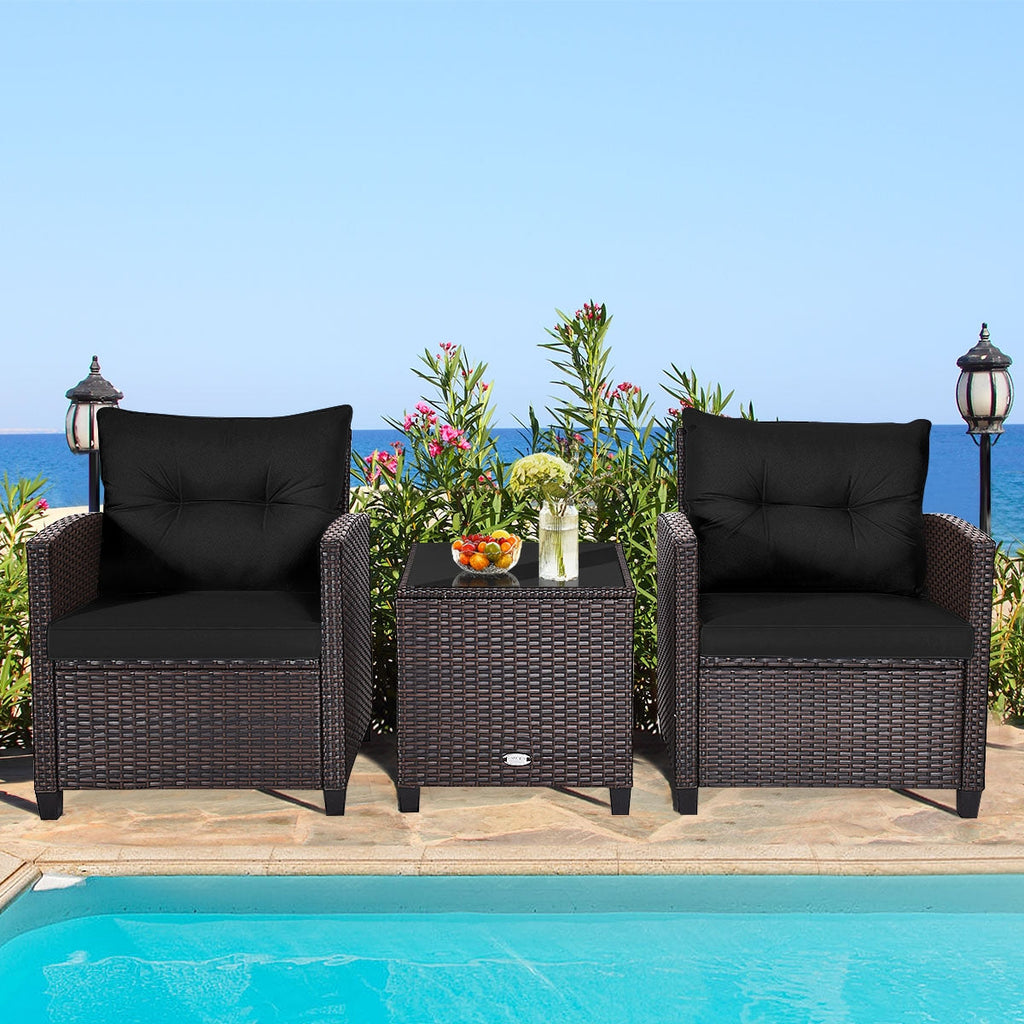 3 Pcs Patio Rattan Furniture Set Cushioned Conversation Set Coffee Table-Beige