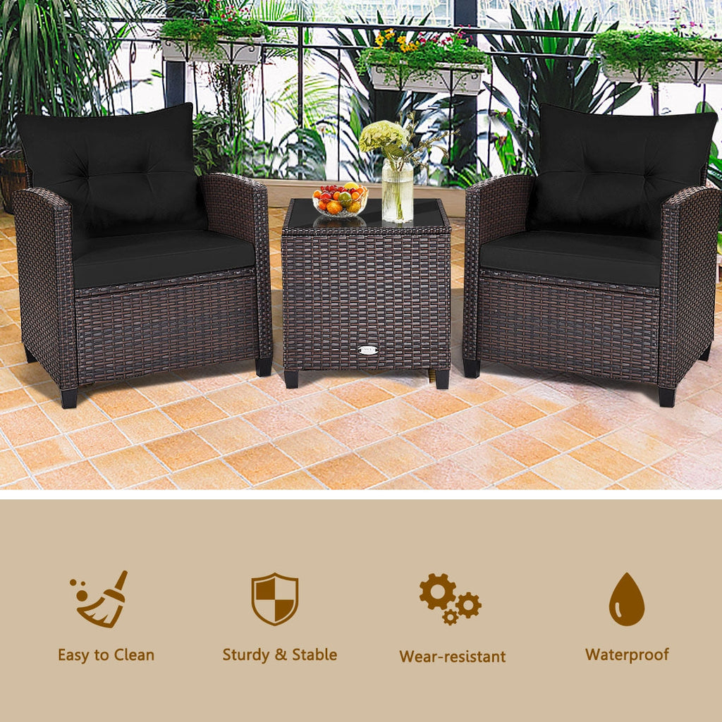 3 Pcs Patio Rattan Furniture Set Cushioned Conversation Set Coffee Table-Beige