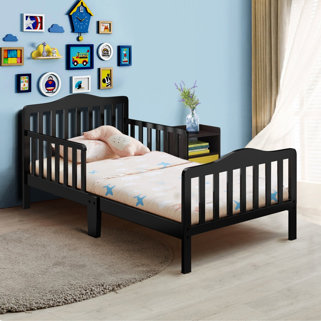Classic Design Kids Wood Toddler Bed Frame with Two Side Safety Guardrails