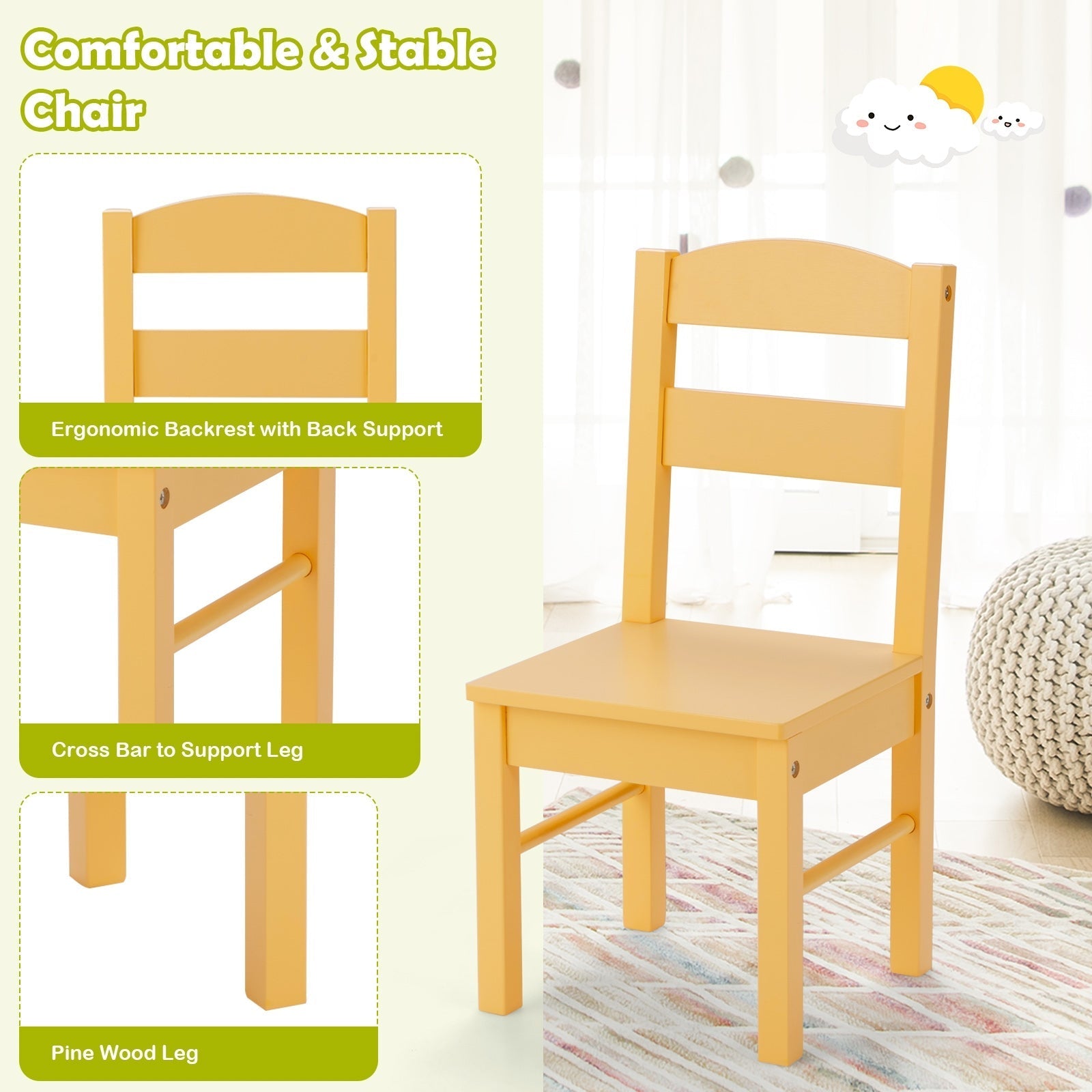 5 pcs Kids Pine Wood Table Chair Set
