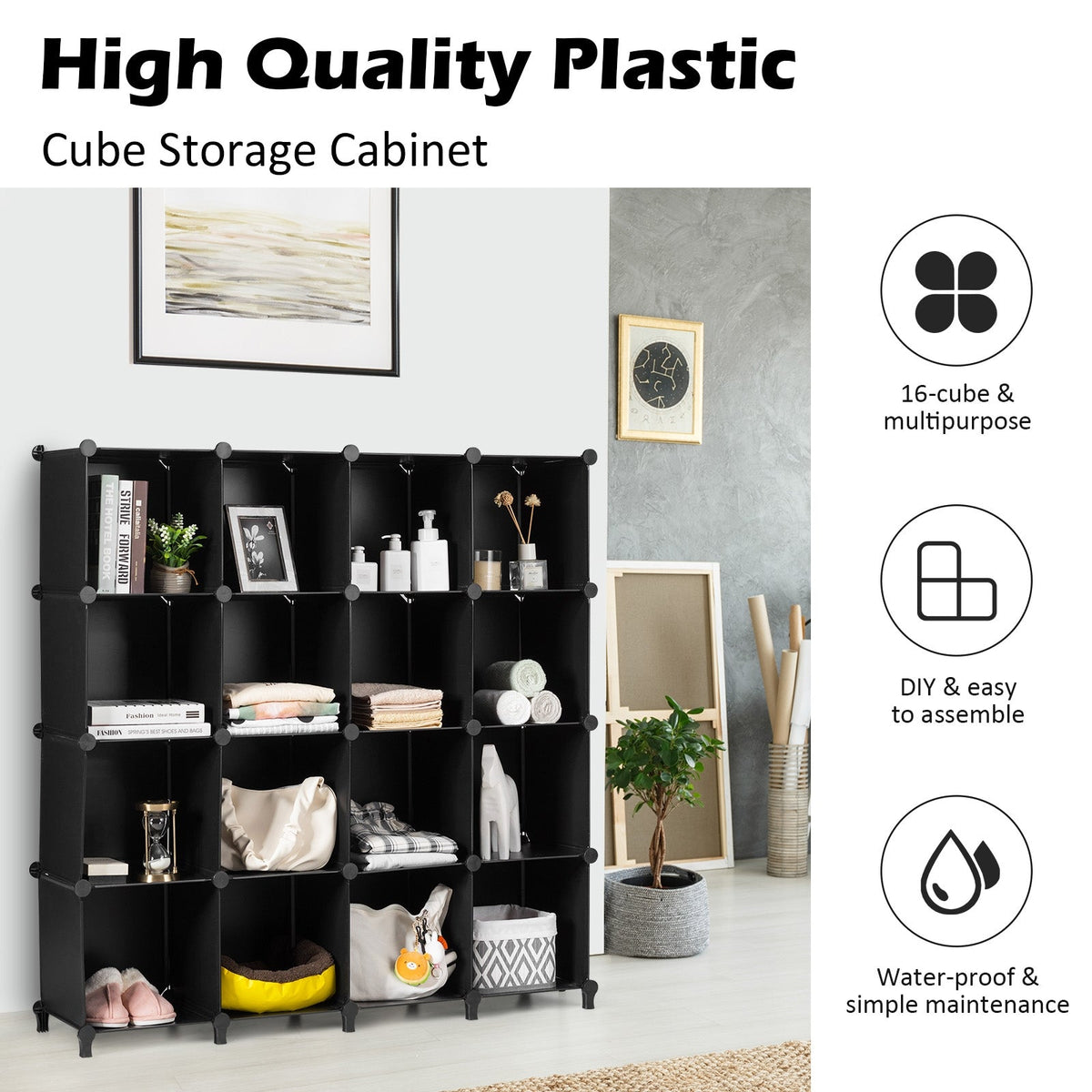 16 Cubes Plastic Storage Organizer with Rustproof Steel Frame-Black