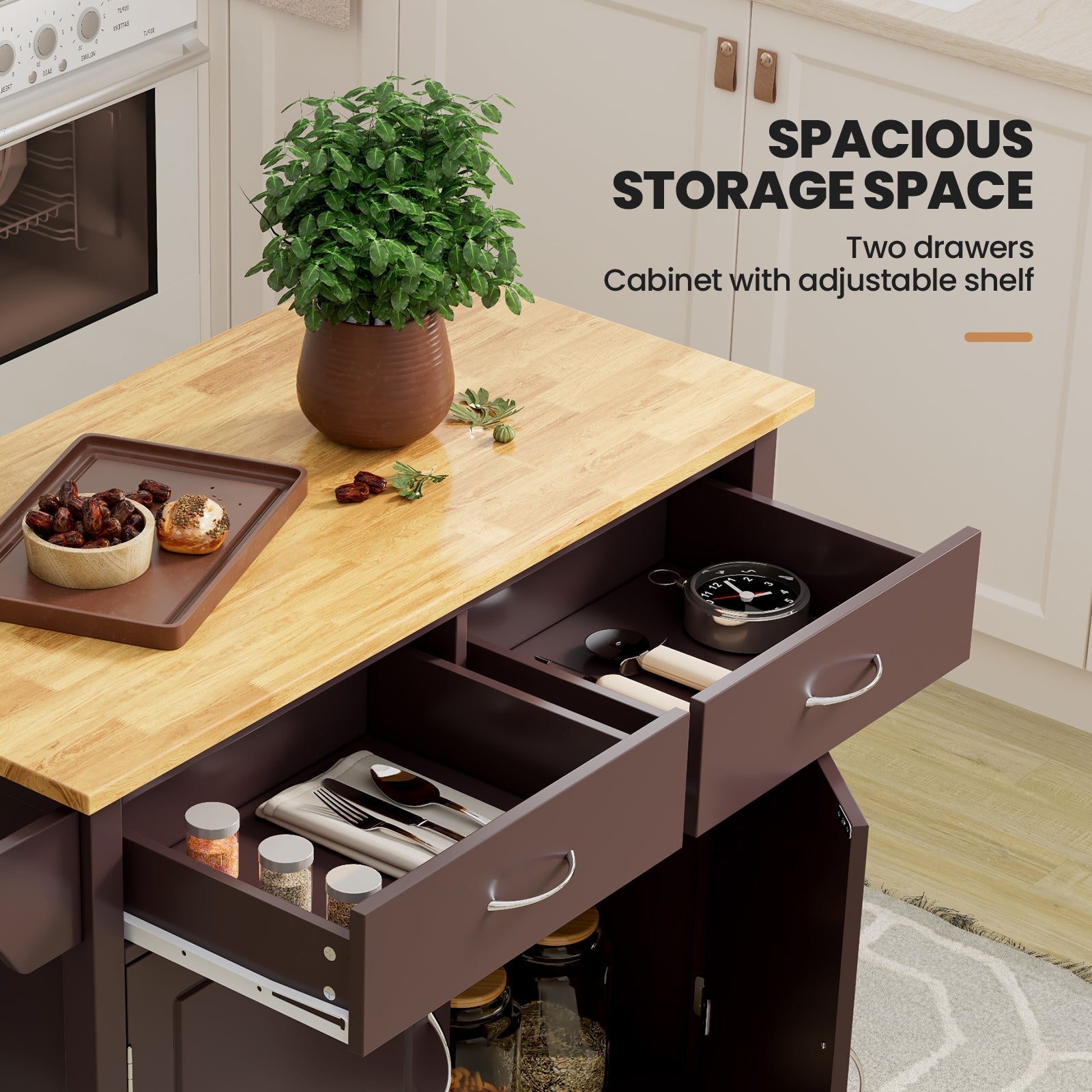 Modern Rolling Kitchen Cart Island with Wooden Top