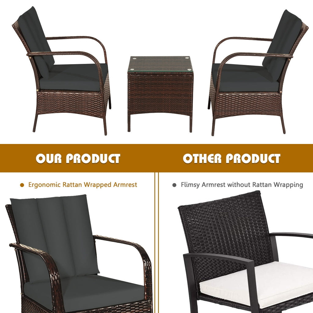 3 Pcs Patio Conversation Rattan Furniture Set with Glass Top Coffee Table and Cushions