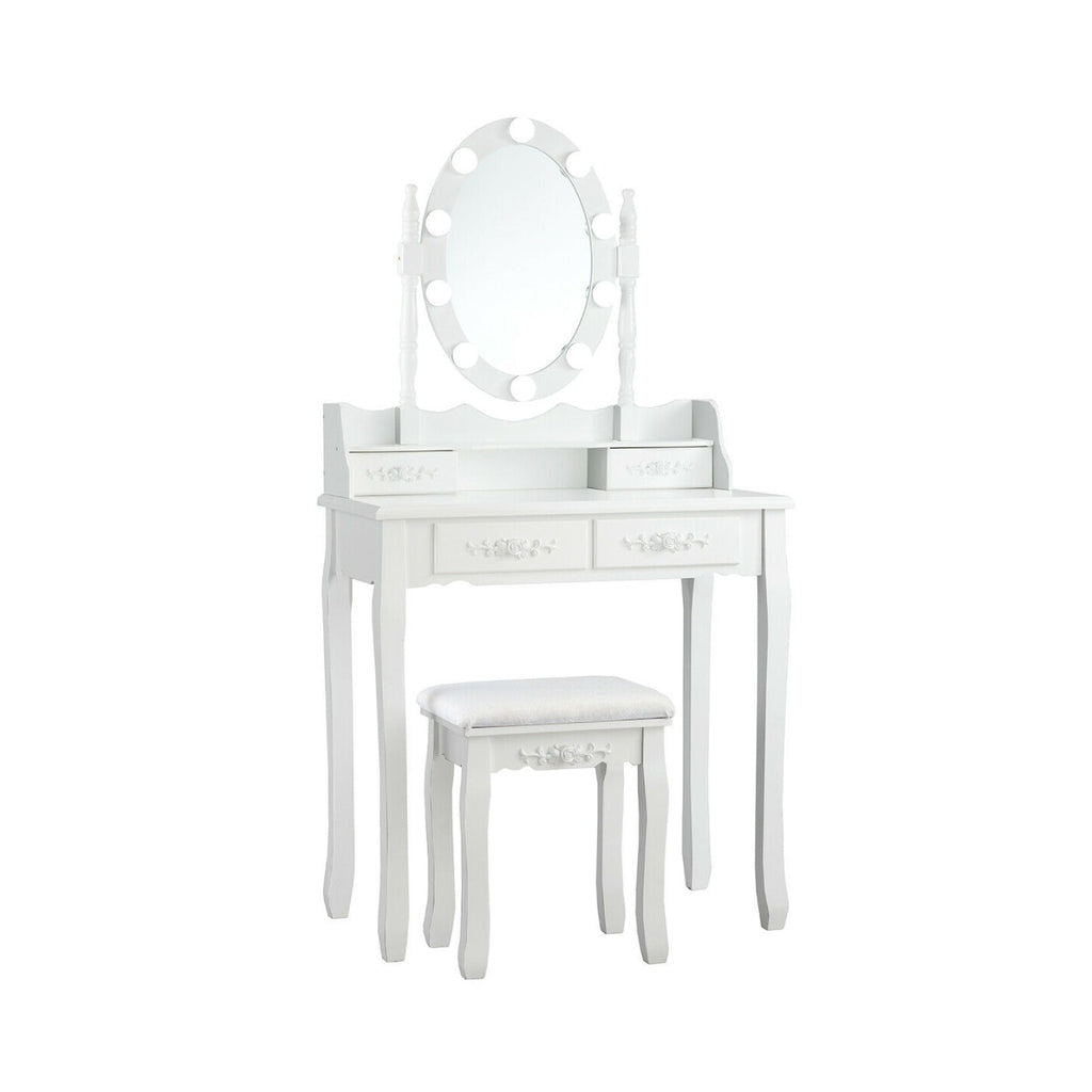 Makeup Dressing Table with Touch Switch Lighted Mirror and Cushioned Stool