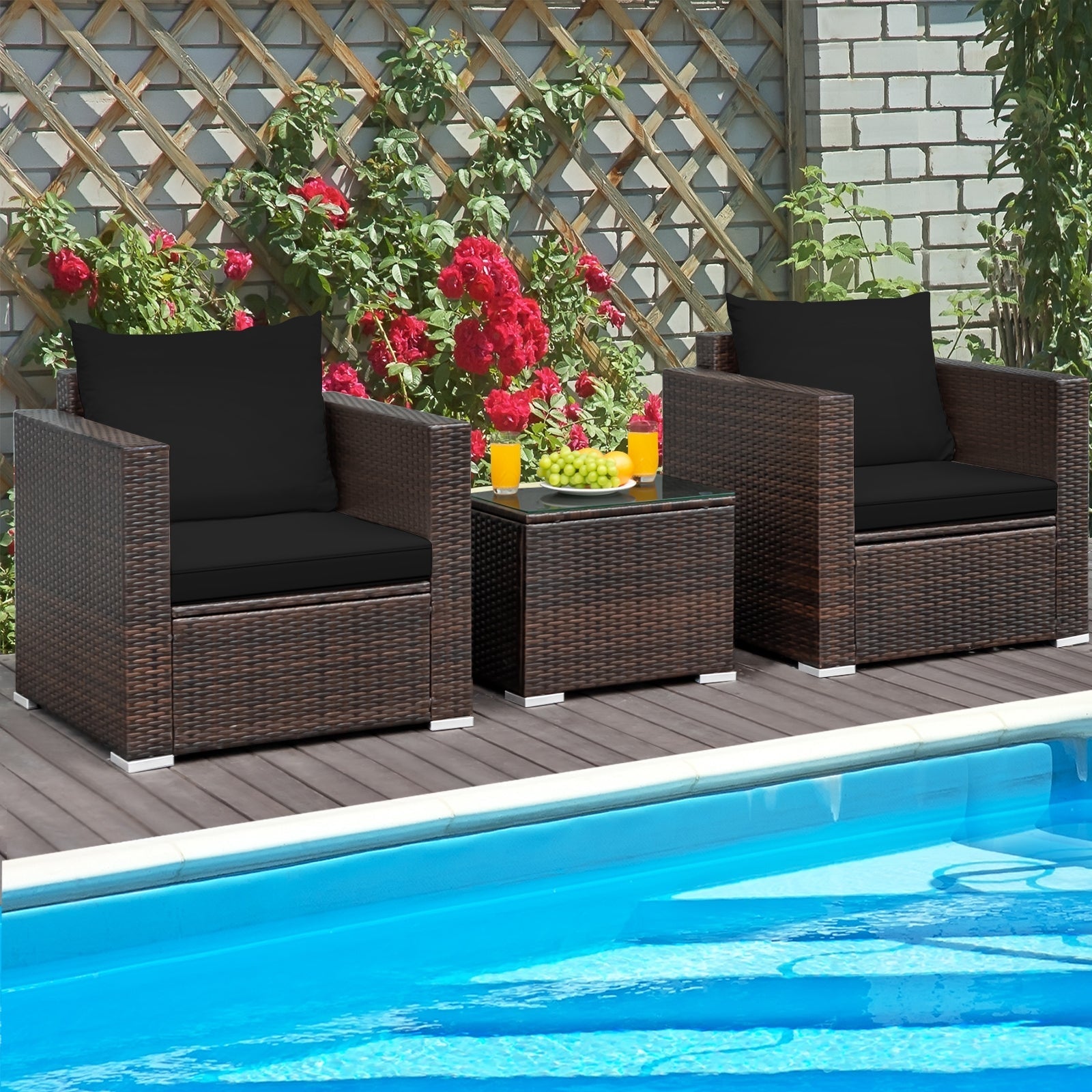 3 Pcs Patio Conversation Rattan Furniture Set with Cushion
