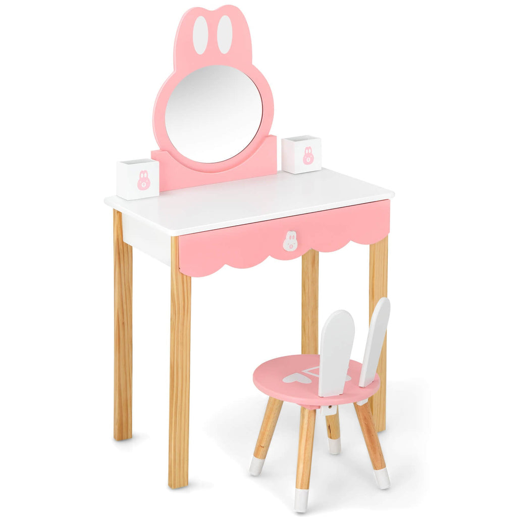 Kids Vanity Set Rabbit Makeup Dressing Table Chair Set with Mirror and Drawer