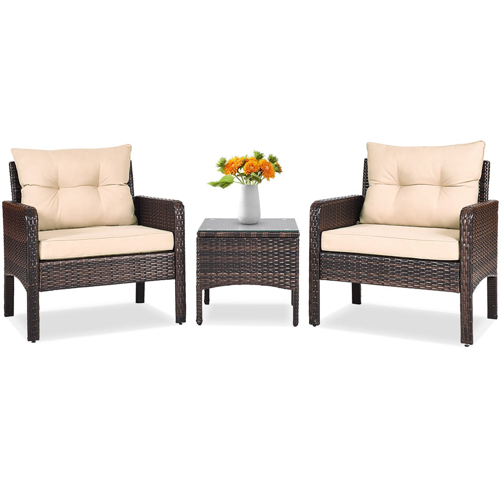 3 Pcs Outdoor Patio Rattan Conversation Set with Seat Cushions-Black