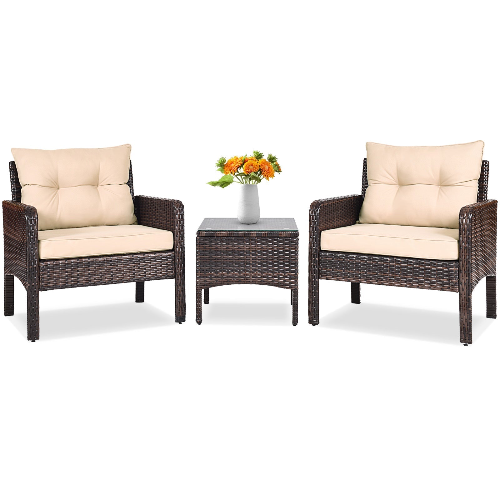 3 Pcs Outdoor Patio Rattan Conversation Set with Seat Cushions-Black