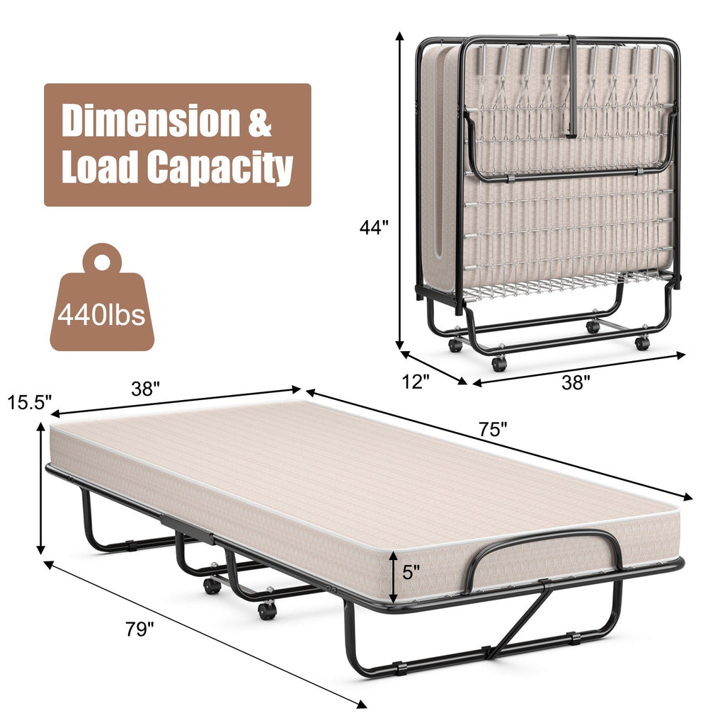 Rollaway Guest Bed with Sturdy Steel Frame and Memory Foam Mattress Made in Italy