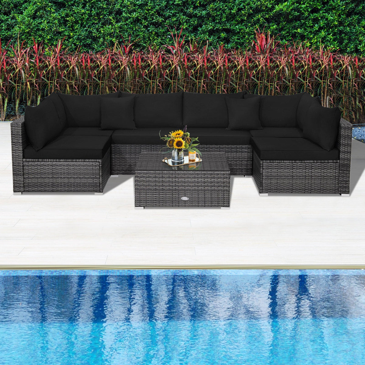 7 Pieces Patio Rattan Furniture Set Sectional Sofa Garden Cushion