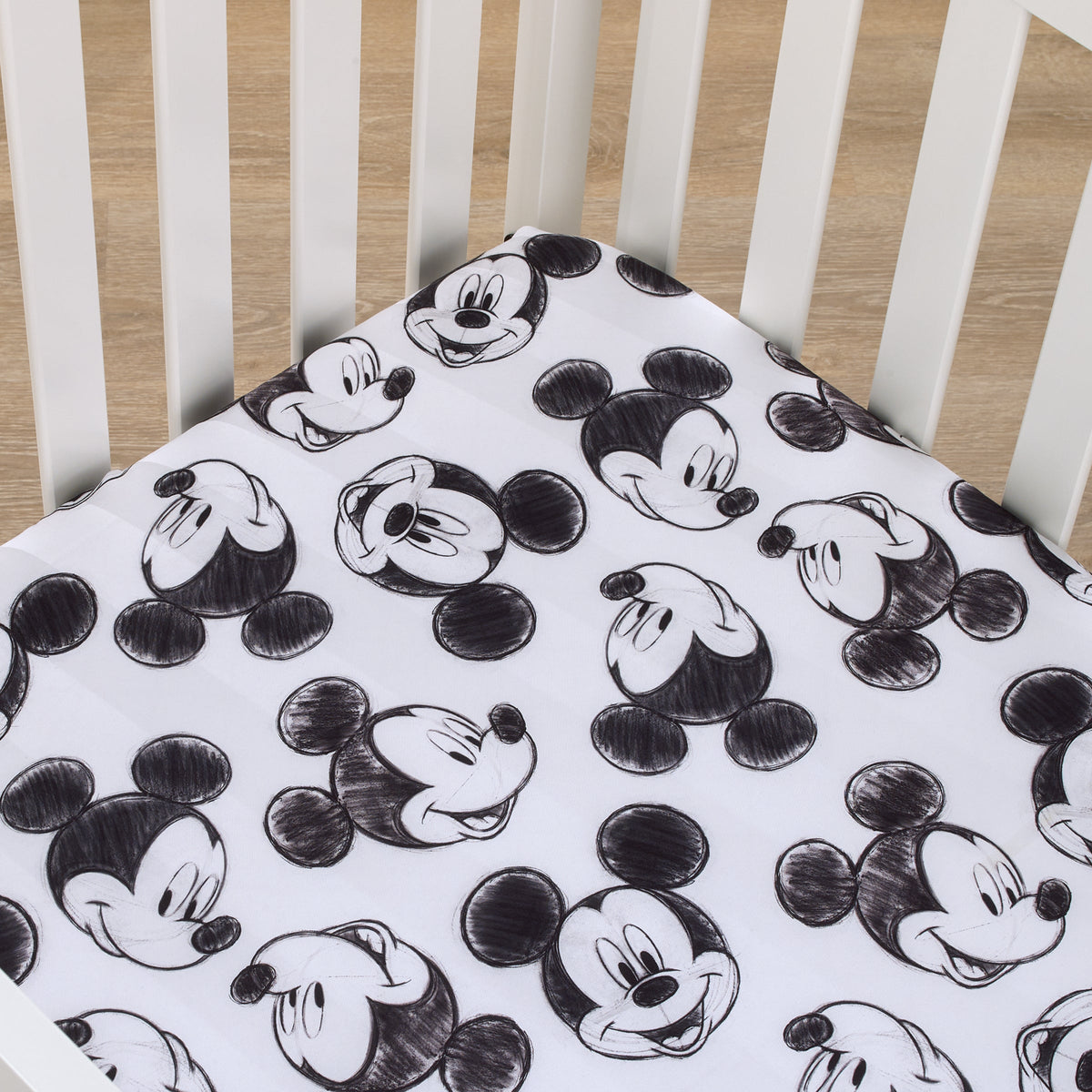 Mickey Mouse - Charcoal Black and White Smiling Mickey Mouse Nursery Fitted Crib Sheet