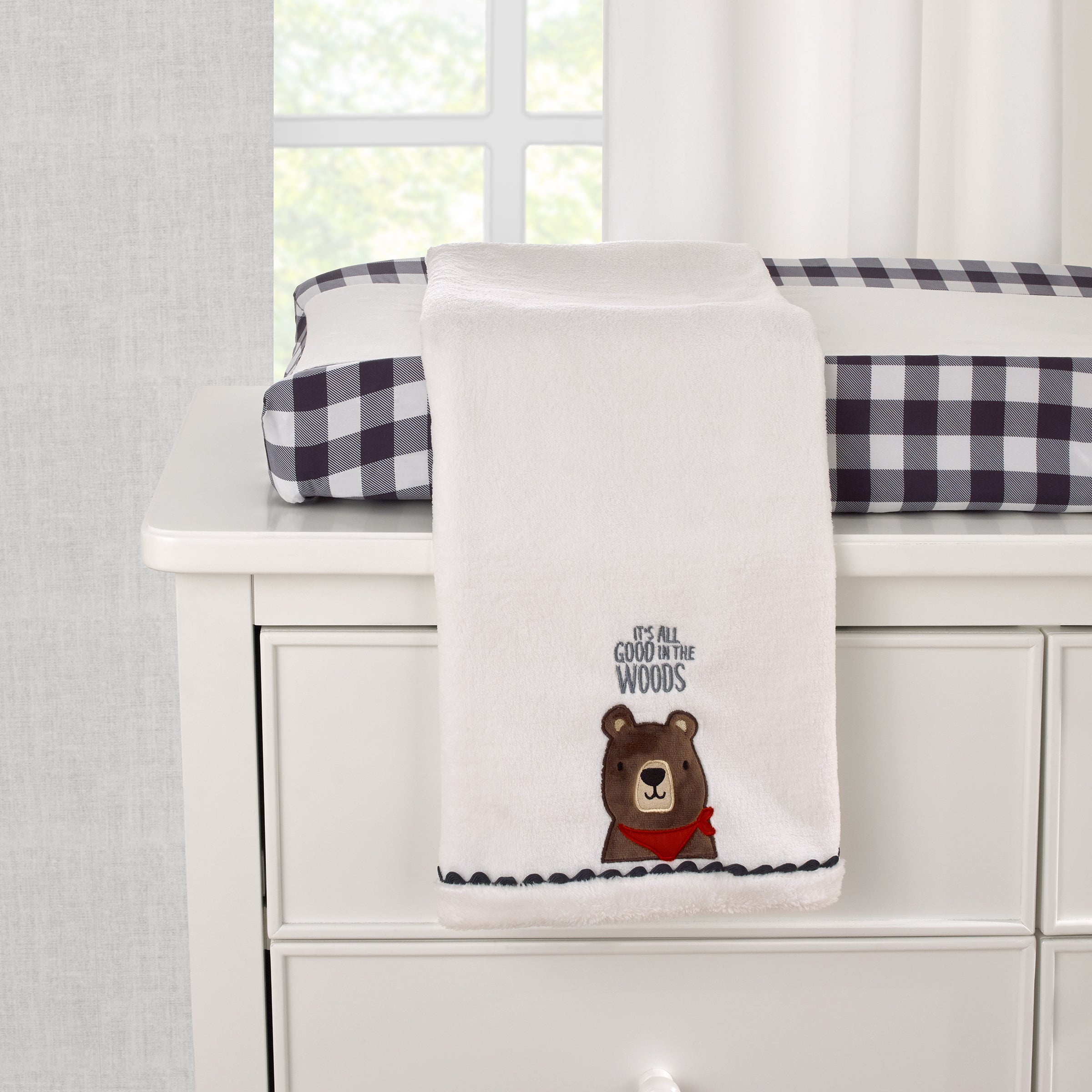 Into the Wilderness White, Navy, and Brown Bear 'It's All Good in the Woods' Super Soft Applique Baby Blanket with Trim