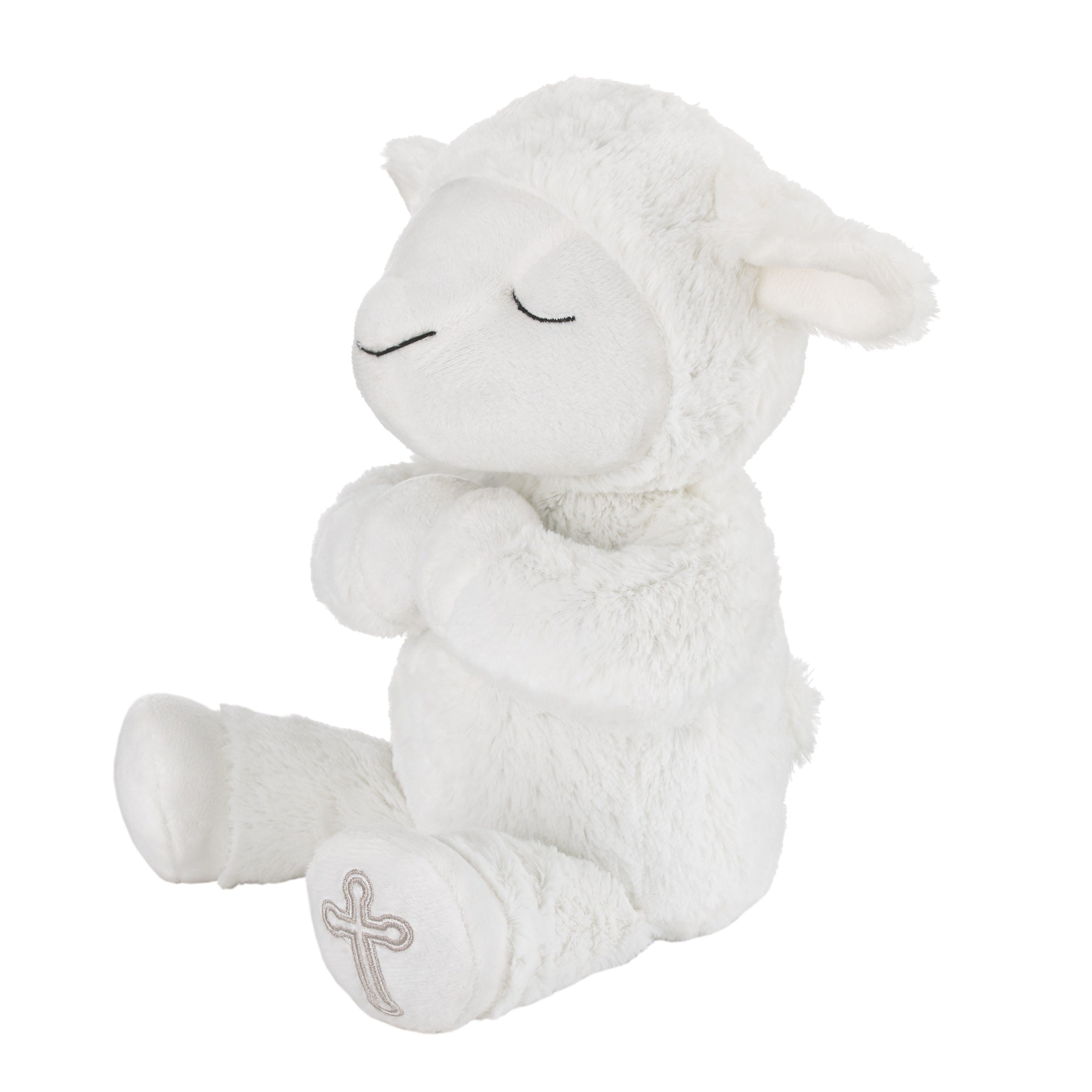 White Plush Lamb with Praying Hands and Embroidered Cross for Baptism or Christening Gift
