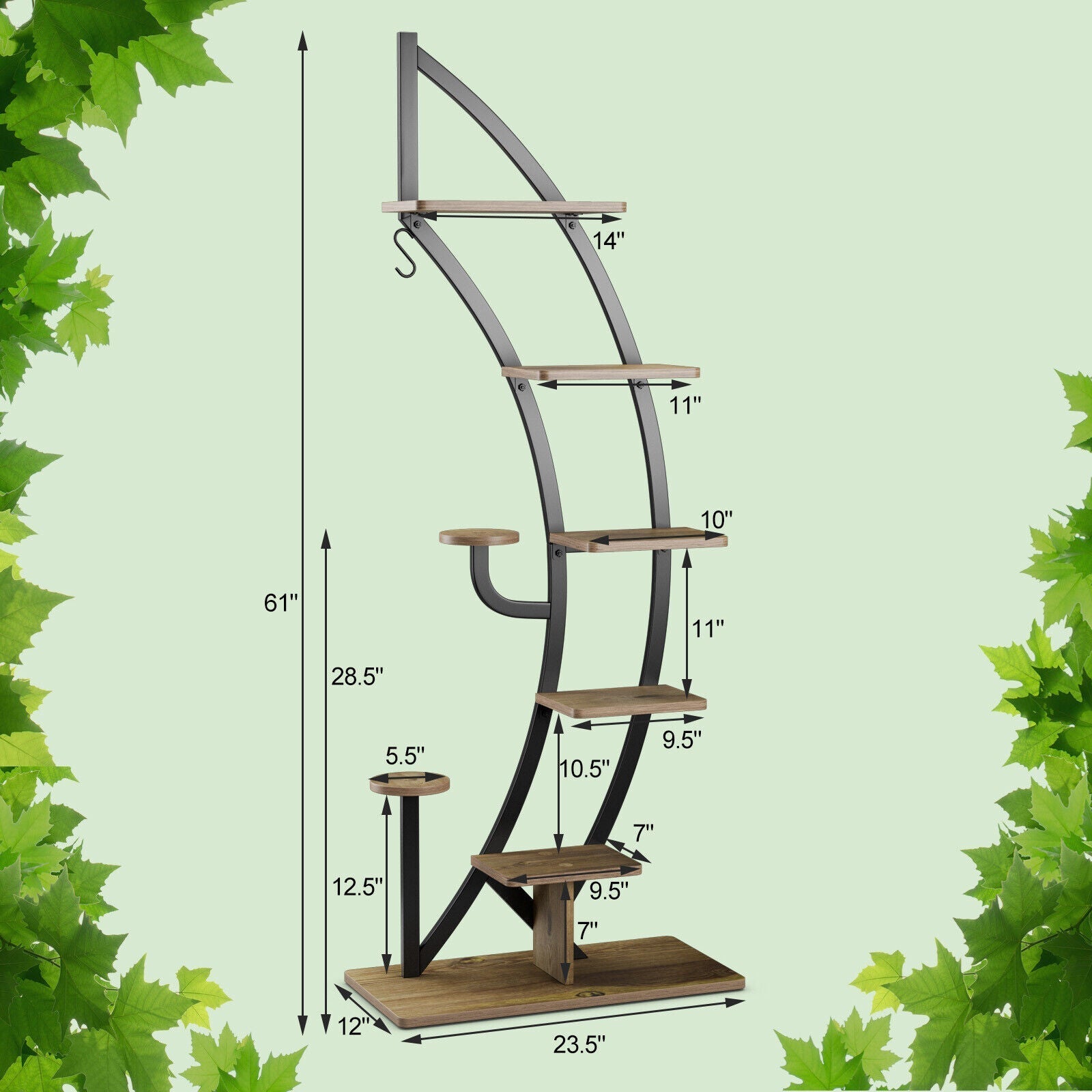 6-Tier 9 Potted Metal Plant Stand Holder Display Shelf with Hook-White