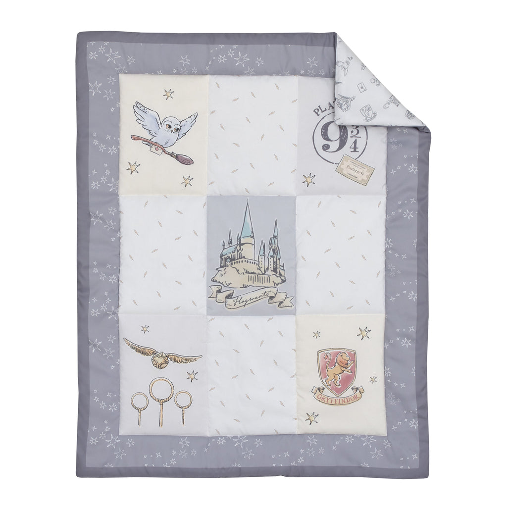 Warner Bros  Harry Potter Magical Moments Grey and White Hogwarts 3 Piece Nursery Mini Crib Bedding Set - Comforter and Two Fitted Mini Crib Sheets