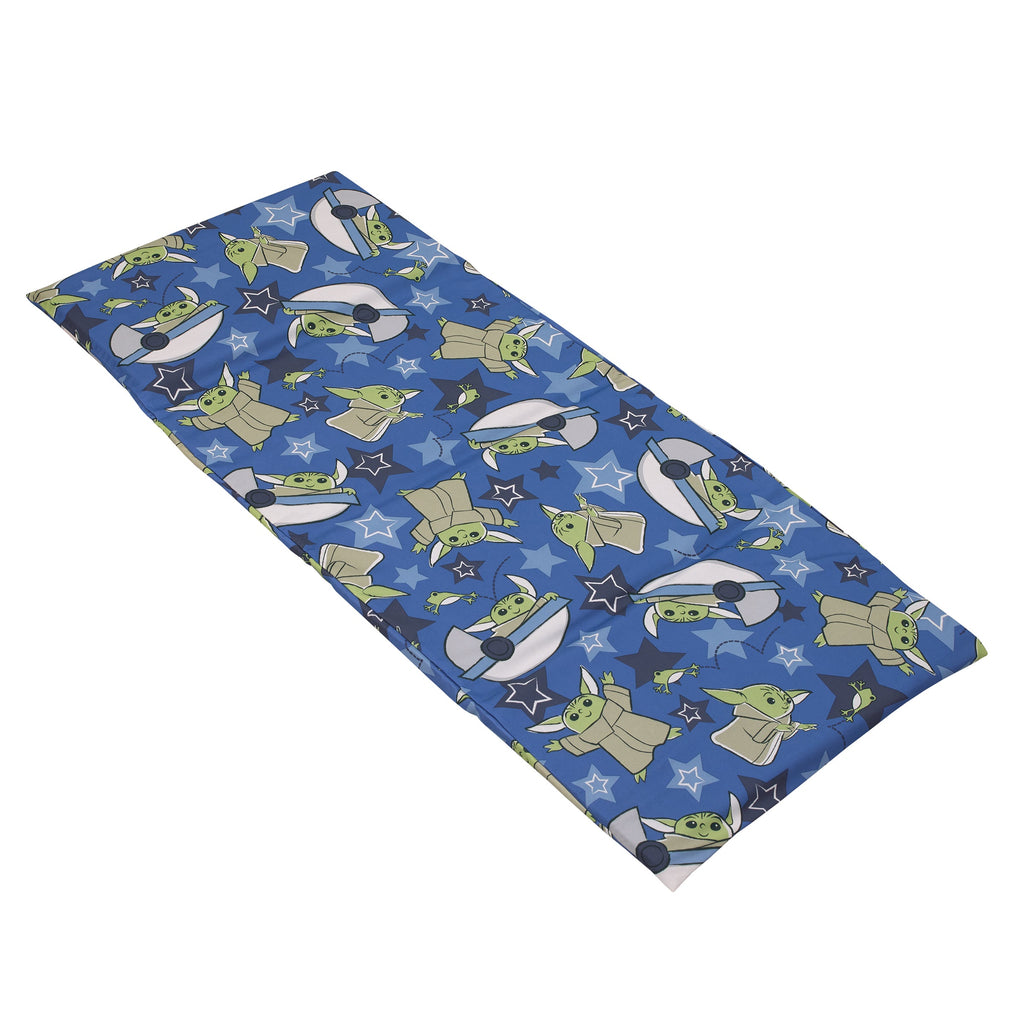The Child Cutest in the Galaxy Blue, Green and Gray Grogu, Hover Pod, and Stars Preschool Nap Pad Sheet