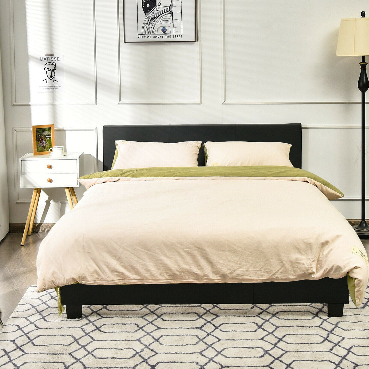 Full Upholstered Platform Bed Frame with Headboard Wood Slat