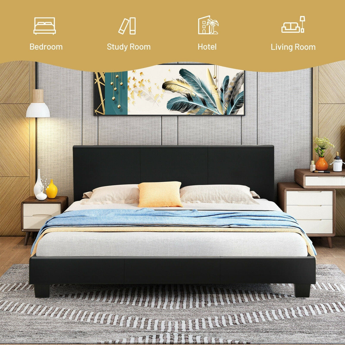 Full Upholstered Platform Bed Frame with Headboard Wood Slat