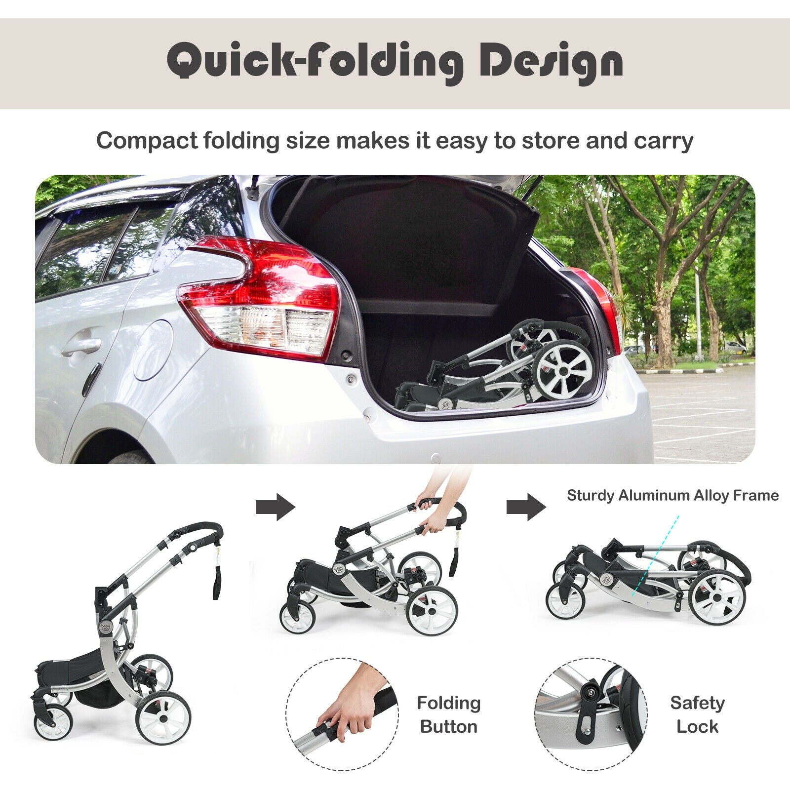 Folding Aluminum Infant Reversible Stroller with Diaper Bag