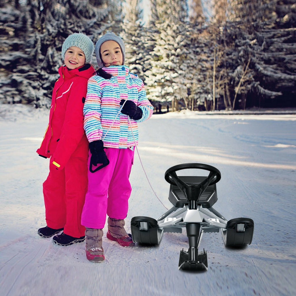 Kids Snow Sled with Steering Wheel and Double Brakes Pull Rope