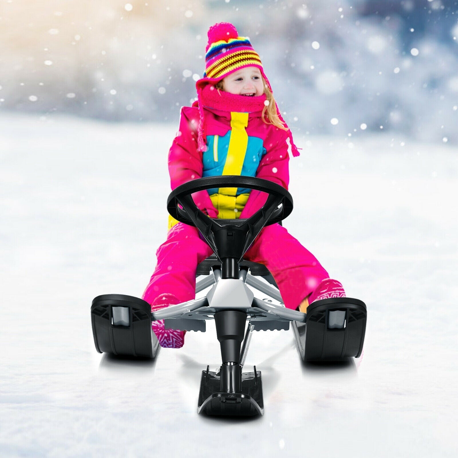 Kids Snow Sled with Steering Wheel and Double Brakes Pull Rope