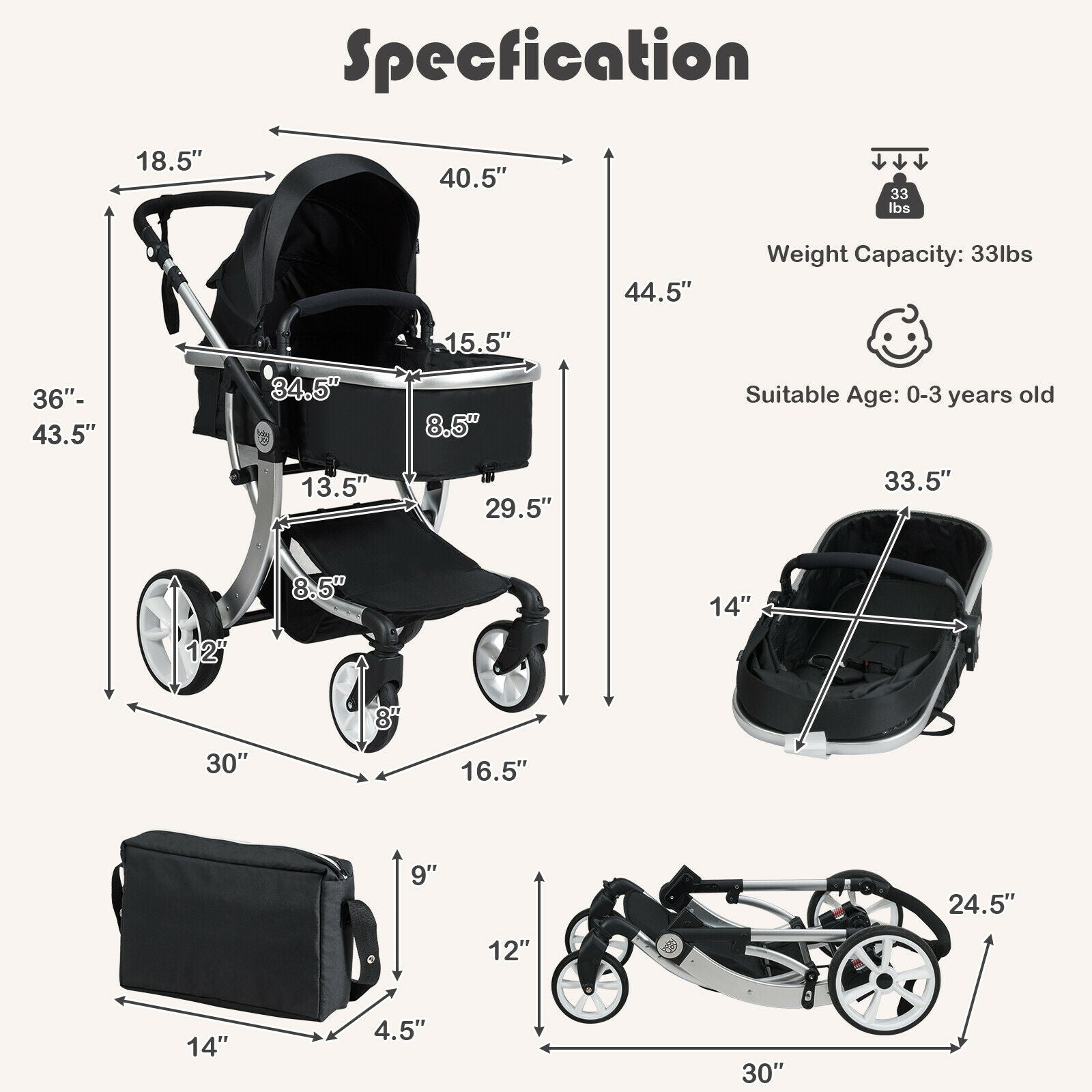 Folding Aluminum Infant Reversible Stroller with Diaper Bag