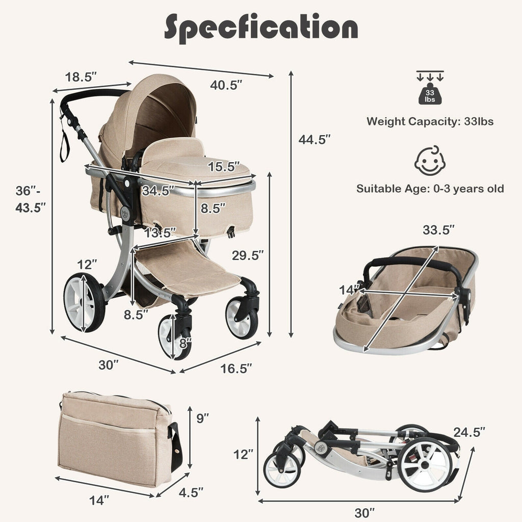 Folding Aluminum Infant Reversible Stroller with Diaper Bag