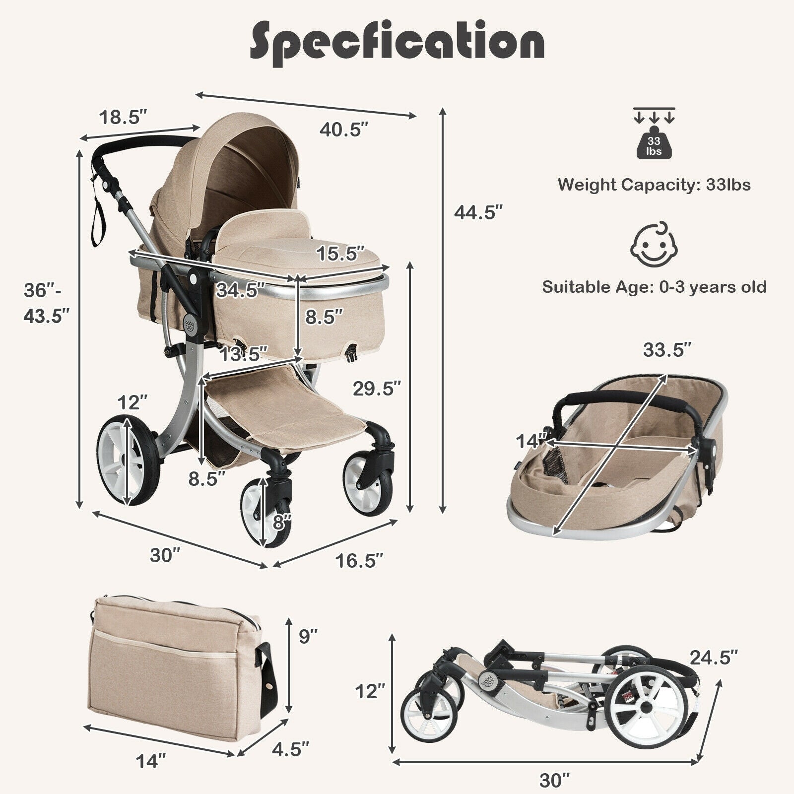 Folding Aluminum Infant Reversible Stroller with Diaper Bag