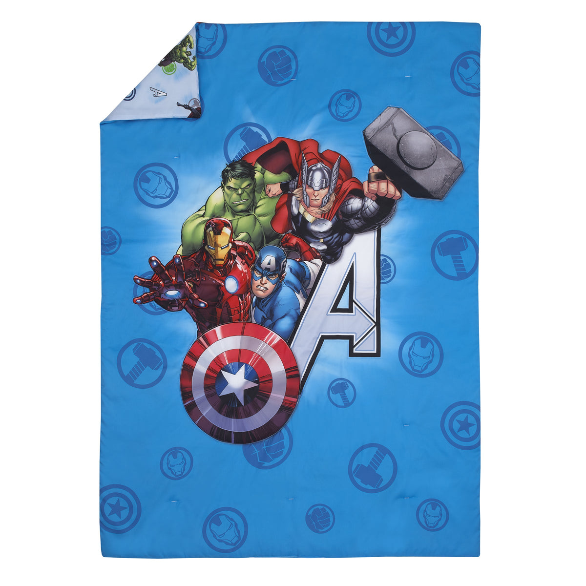 Marvel Avengers Fight the Foes Blue, Red, Green Hulk, Iron Man, Thor, Captain America 4 Piece Toddler Bed Set - Comforter, Fitted Bottom Sheet, Flat Top Sheet, and Reversible Pillowcase