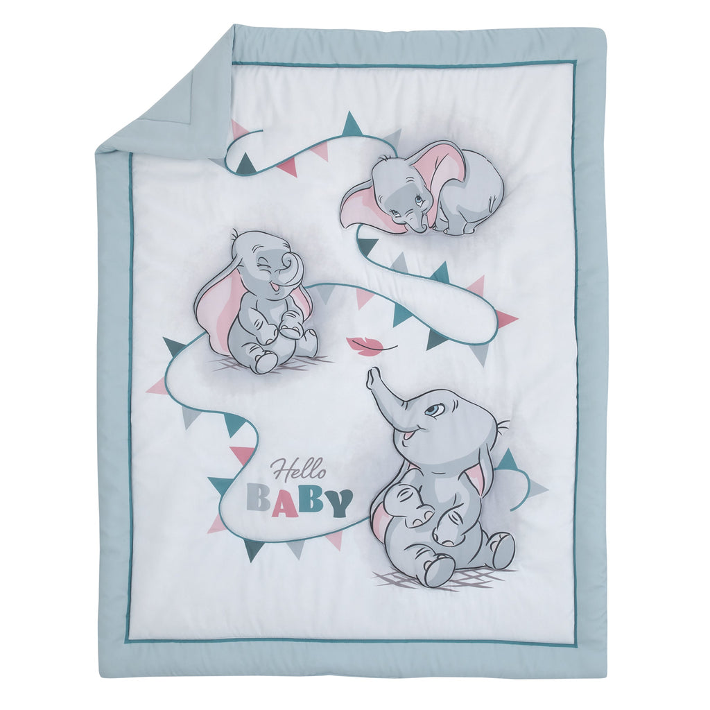 Disney Dumbo Hello Baby Grey and White Circus Banner 3 Piece Nursery Crib Bedding Set - Comforter, Fitted Crib Sheet, and Crib Skirt