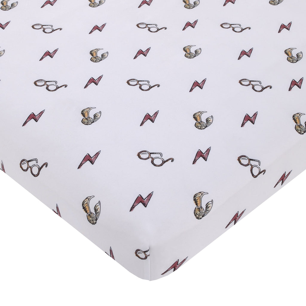 Harry Potter White, Red, and Gold Lightning Bolt, Golden Snitch and Glasses Nursery Fitted Mini Crib Sheet