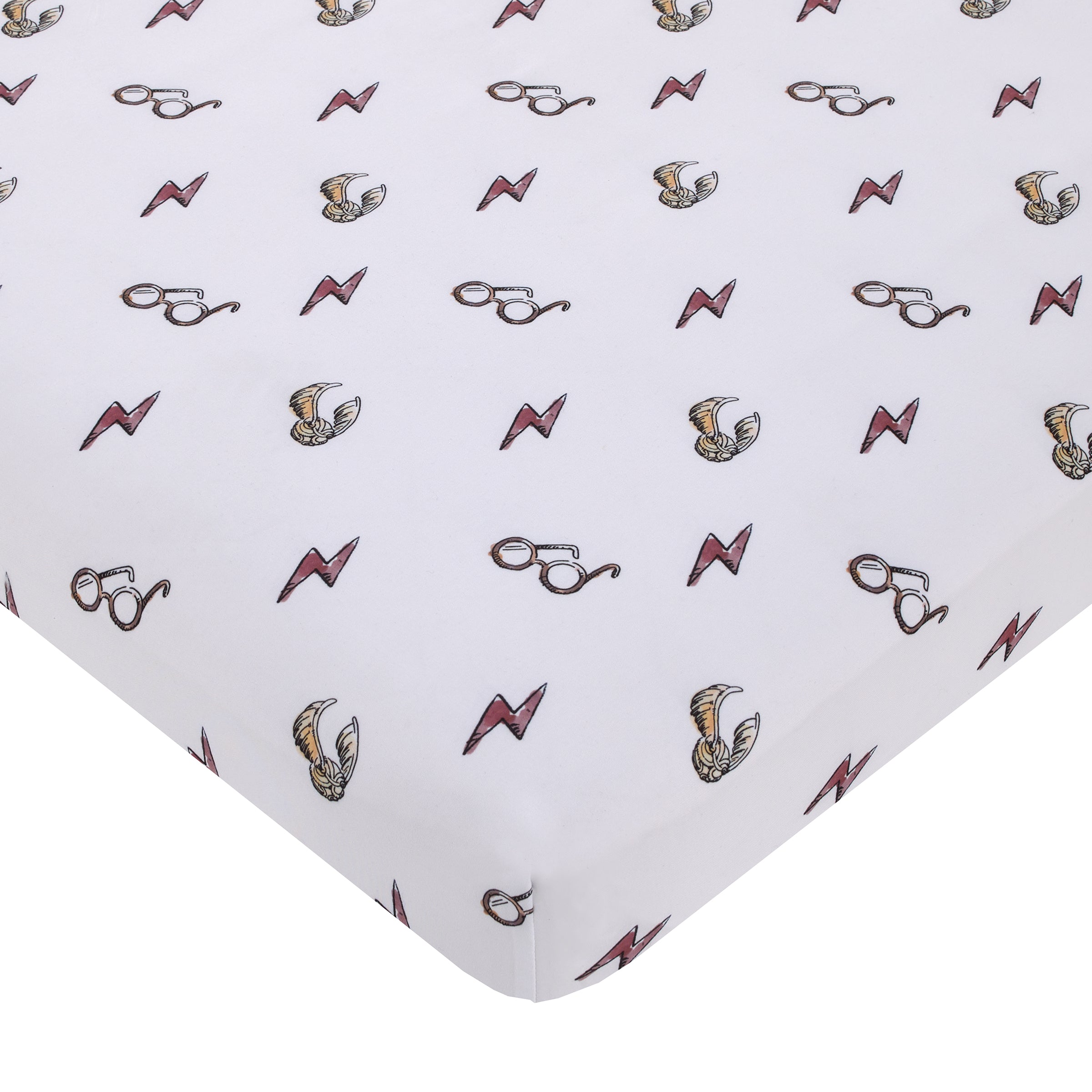 Harry Potter White, Red, and Gold Lightning Bolt, Golden Snitch and Glasses Nursery Fitted Mini Crib Sheet