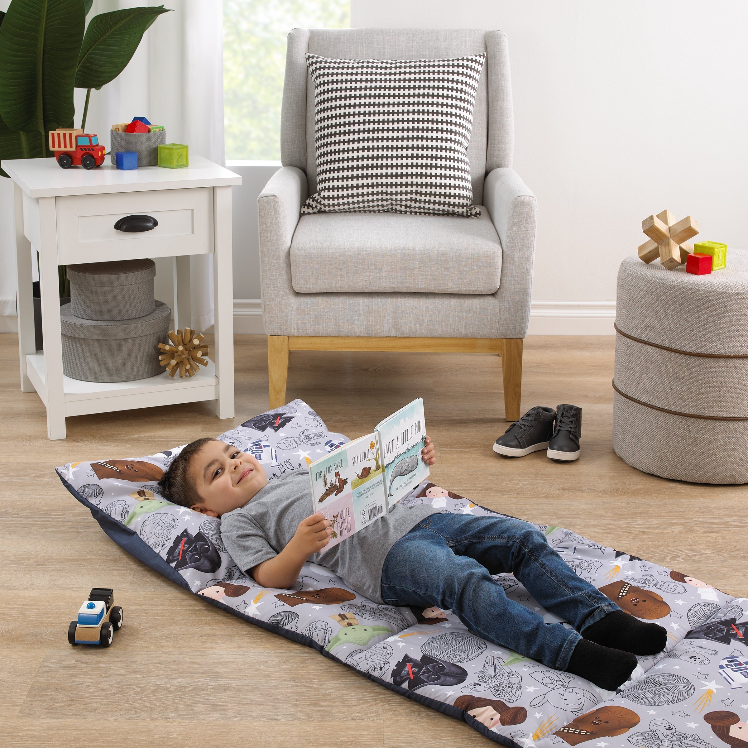 Welcome to the Galaxy Navy and Gray Yoda, Princess Leia, R2-D2 , Chewbacca, and Darth Vader Deluxe Easy Fold Toddler Nap Mat