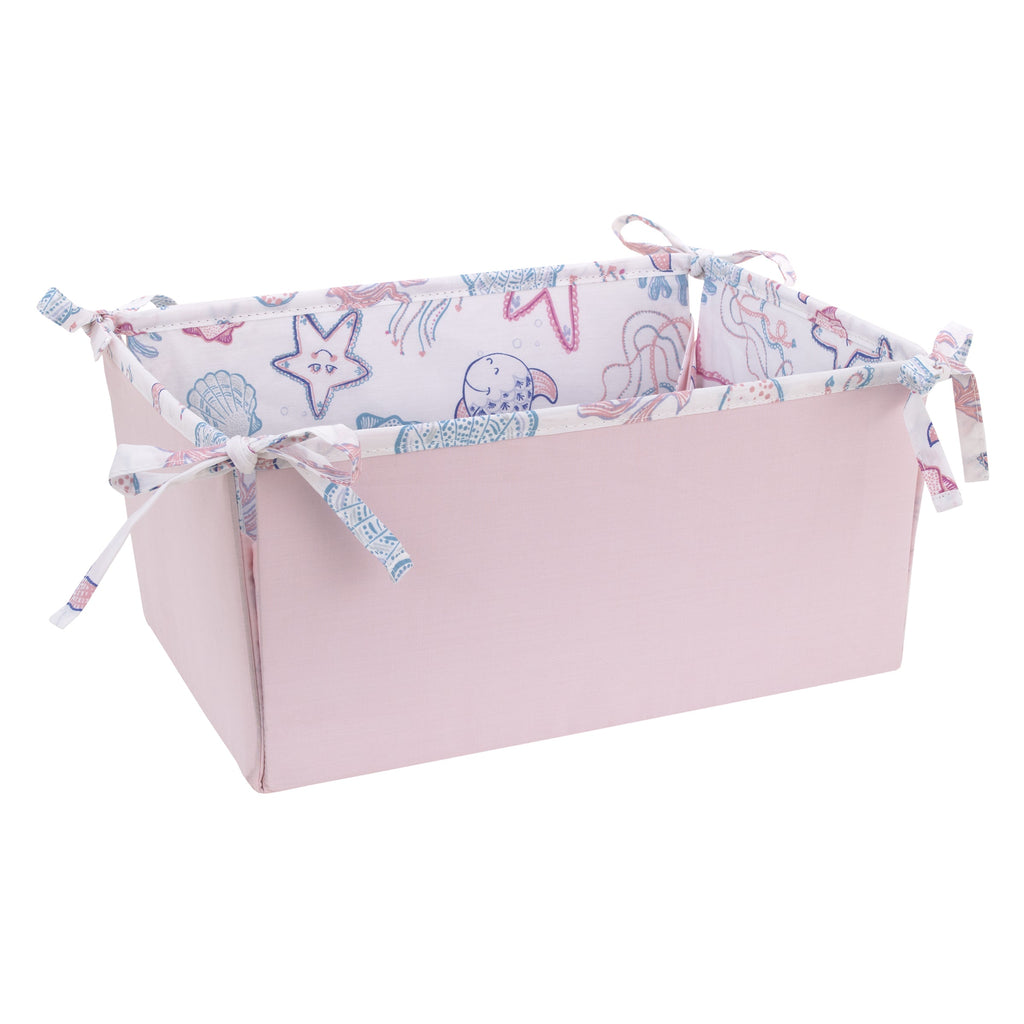 Mermaid Lagoon Pink, Blue and White Undersea Friends, Fish, Coral, Jellyfish and Starfish 4 Piece Nursery Crib Bedding Set - Comforter, 100% Cotton Fitted Crib Sheet, Crib Skirt, and Storage Caddy
