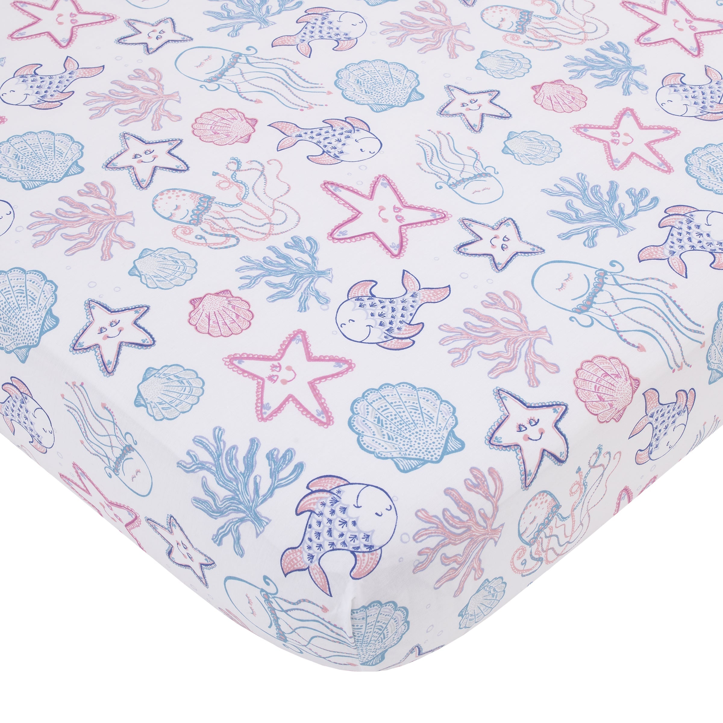 Mermaid Lagoon Pink, Blue and White Undersea Friends, Fish, Coral, Jellyfish and Starfish 4 Piece Nursery Crib Bedding Set - Comforter, 100% Cotton Fitted Crib Sheet, Crib Skirt, and Storage Caddy